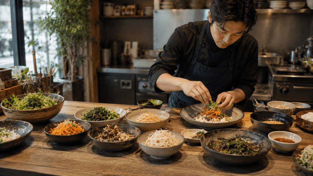 Chef preparing a balanced Korean meal in an open kitchen