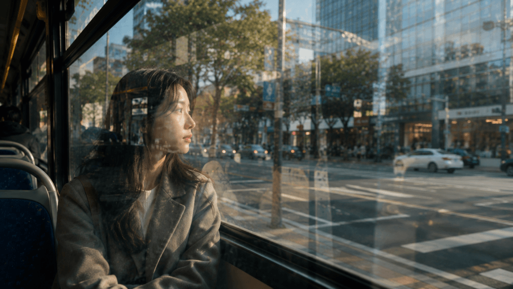 Woman looking through a city bus window during her commute