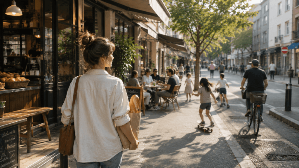 Woman walking through a lively neighborhood after visiting a bakery