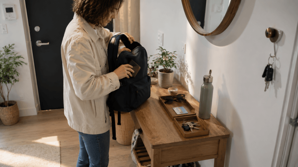 Traveler organizing everyday essentials before leaving home