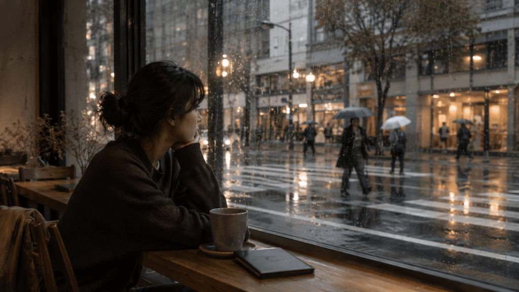 Woman enjoying a quiet afternoon by a café window