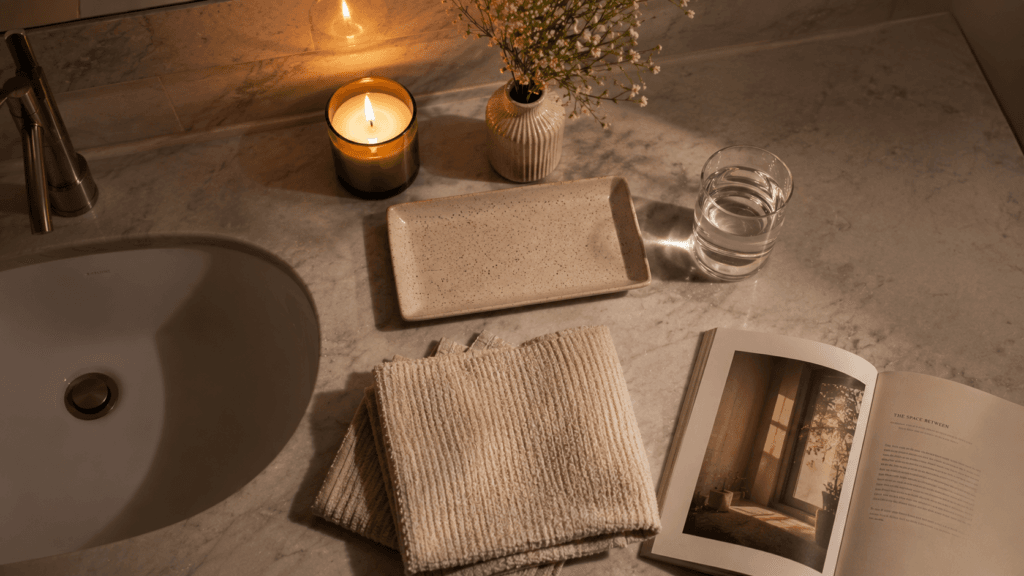 Peaceful bathroom counter after an evening routine