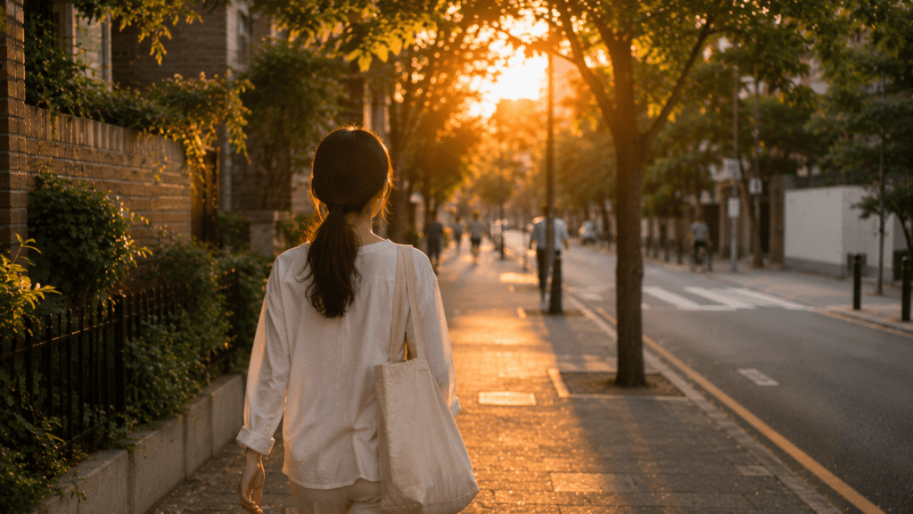Woman walking home along a peaceful tree-lined street