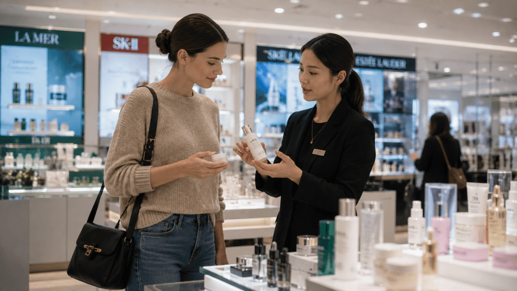 Woman exploring beauty products in a department store