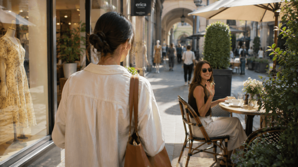 Woman walking between indoor and outdoor spaces