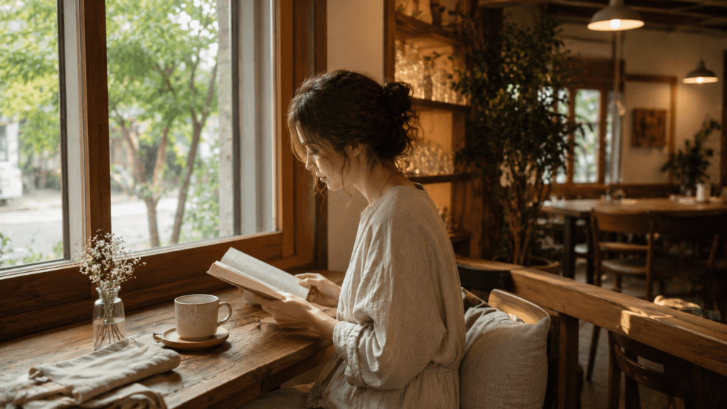 Woman reading in a sunlit café