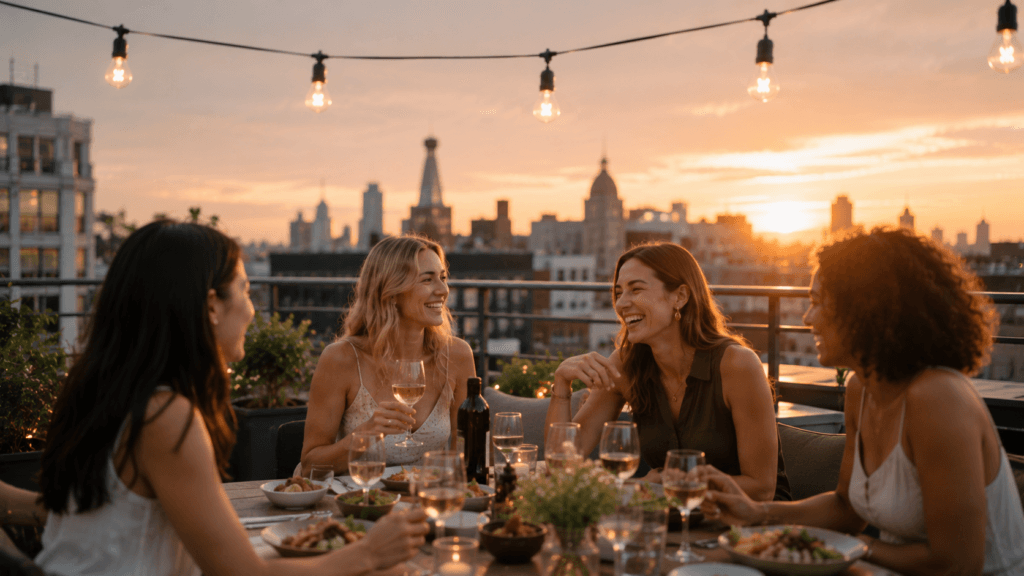 Friends enjoying dinner on a rooftop terrace