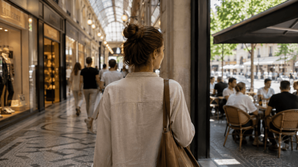 Woman walking between indoor and outdoor spaces