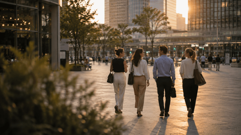 Friends walking naturally through a city square