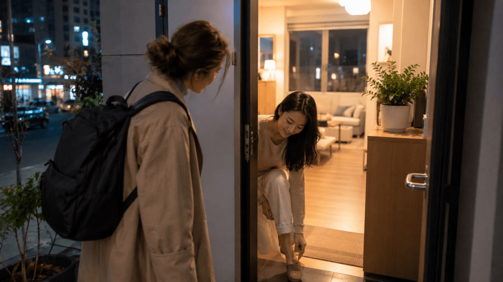 Guest removing shoes before entering a Korean home
