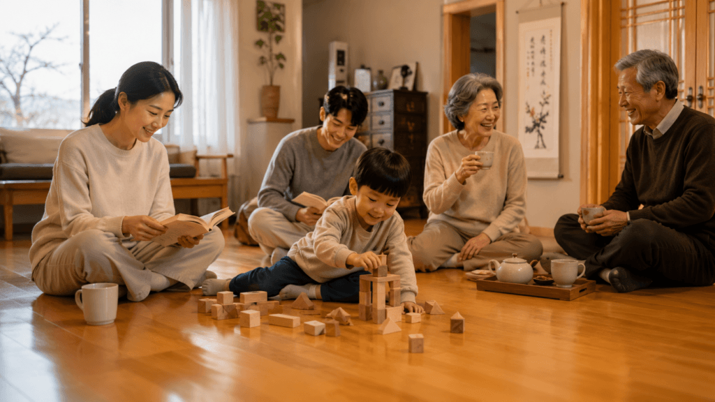Three generations spending time together on a warm Korean floor
