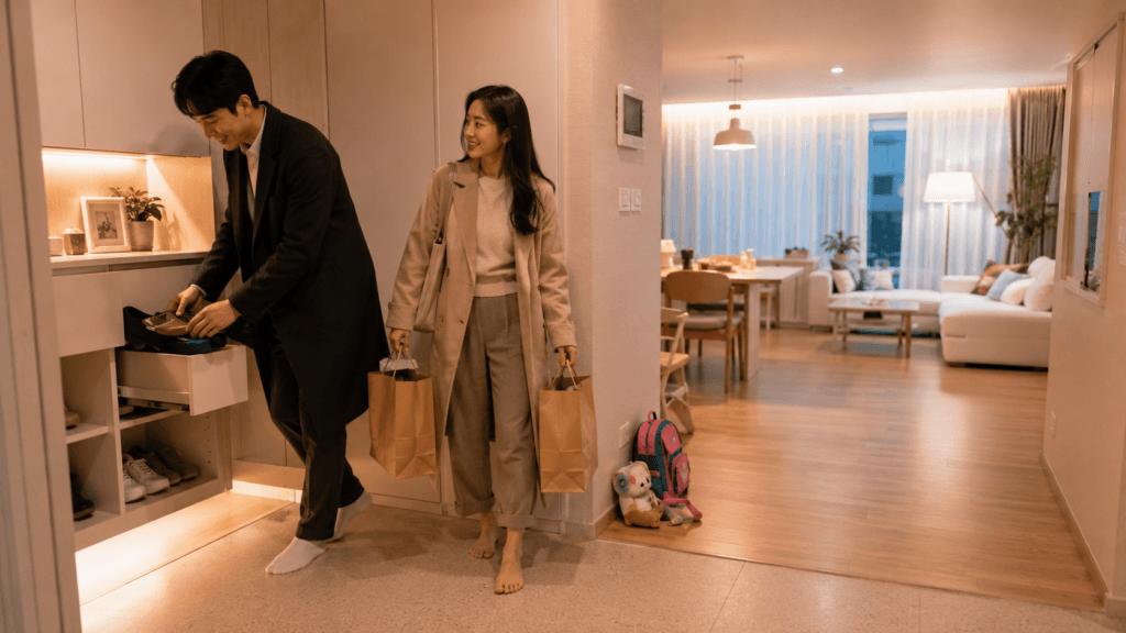 Modern Korean apartment entrance with built-in shoe cabinet