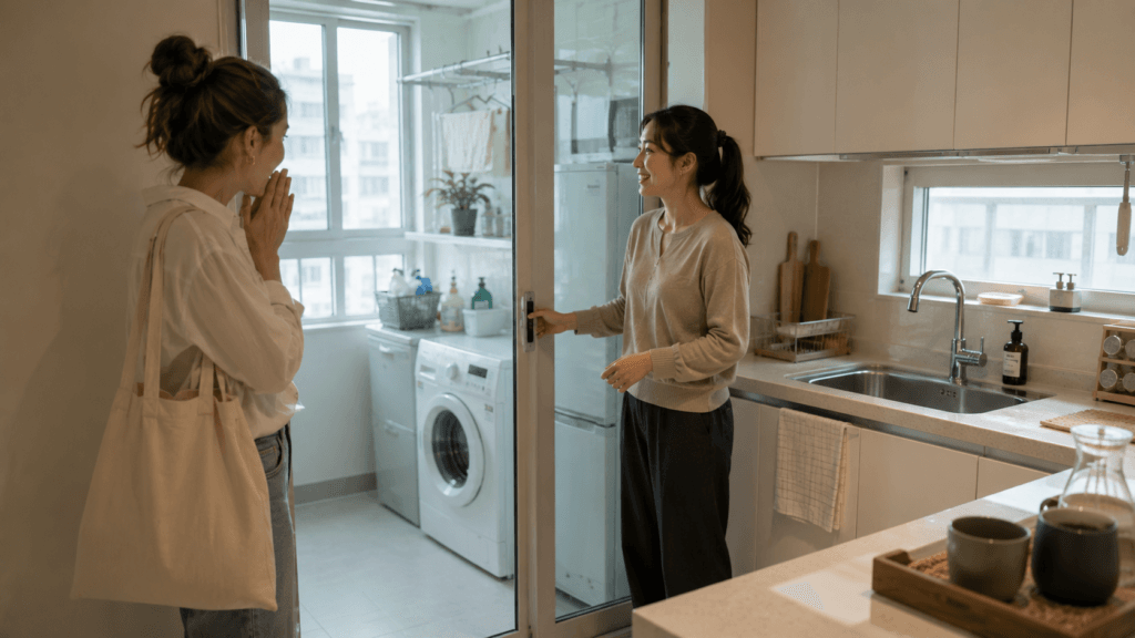 Foreign guest discovering a Korean apartment utility space