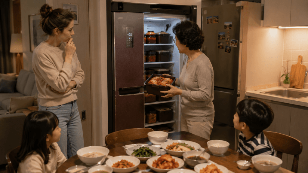 Foreign guest discovering a kimchi refrigerator