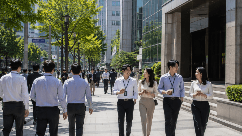 Korean coworkers returning to the office after lunch